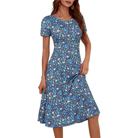 Women Casual Summer Short Sleeve Round Neck Floral Skater Dress with Pockets - Picture 3 of 6